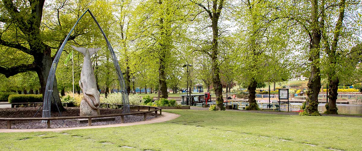 Whale sculpture in the River side gardens Evesham